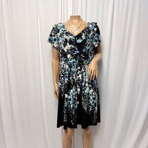 APT 9 Dress Womens Petite Large Black Blue Floral Ruffle Short Sleeve Stretch